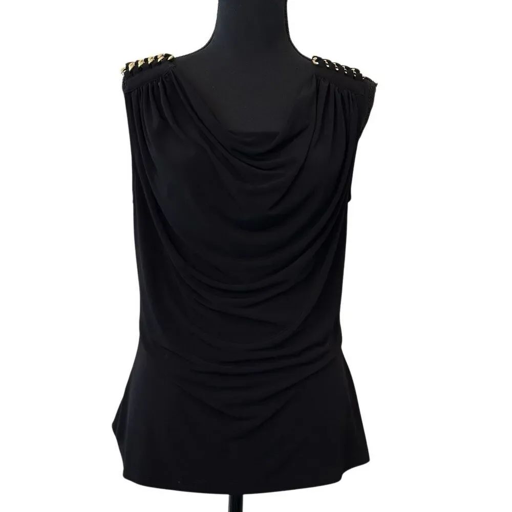 Calvin Klein Cowl Neck Chain Detail Stretch Sleeveless Black Tank Top Medium